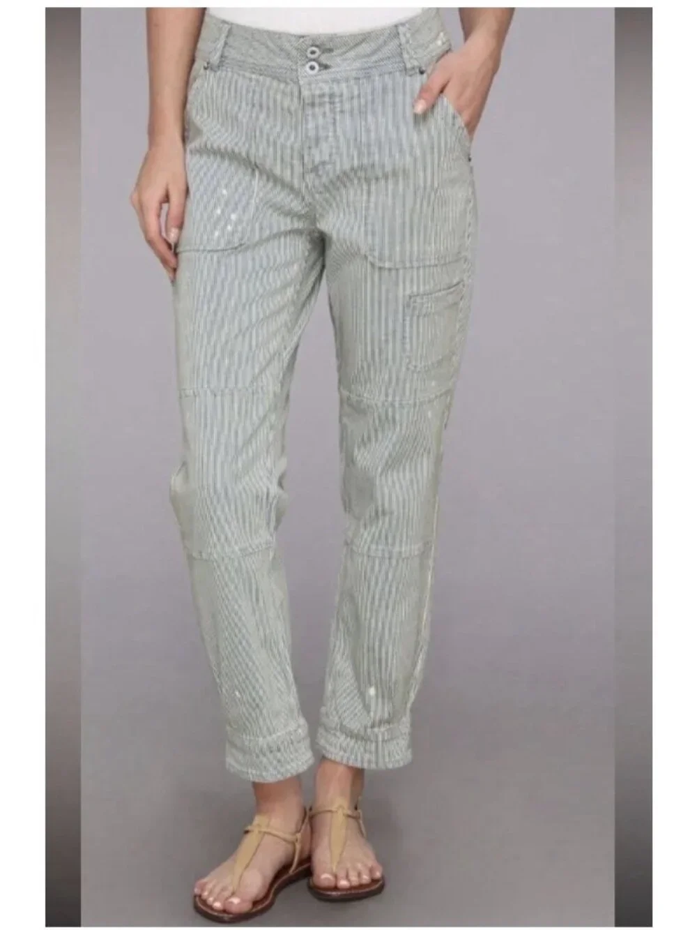 Free People Railroad Striped Tailored Denim Ankle Jeans Sz 8 35x26 Relaxed Boho